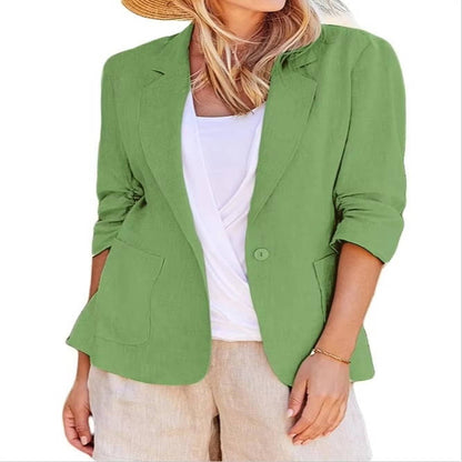 Women's Linen Blazer with Three Quarter Ruched Sleeves and Cinched Waist Fit