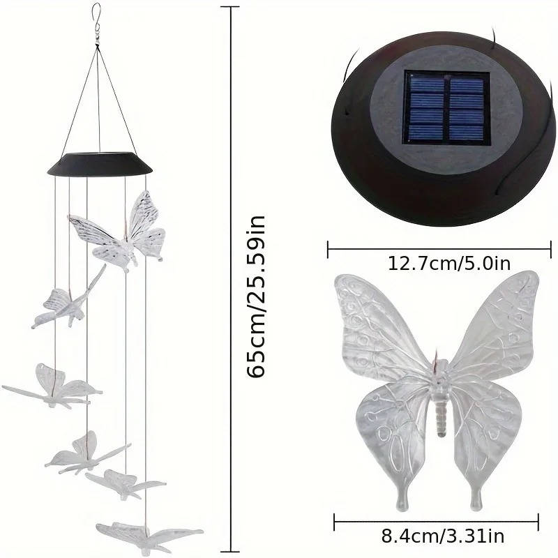 LED Solar Wind Chime with Six Color Cycle and Dusk Sensor, Butterfly Design