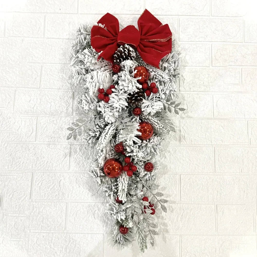 Holiday Wreath with Flocked Greenery and Red Berry Accents, Snowballs Pinecones