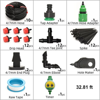 Drip Irrigation Timer System with Drip Heads and Adjustable Flow Levels