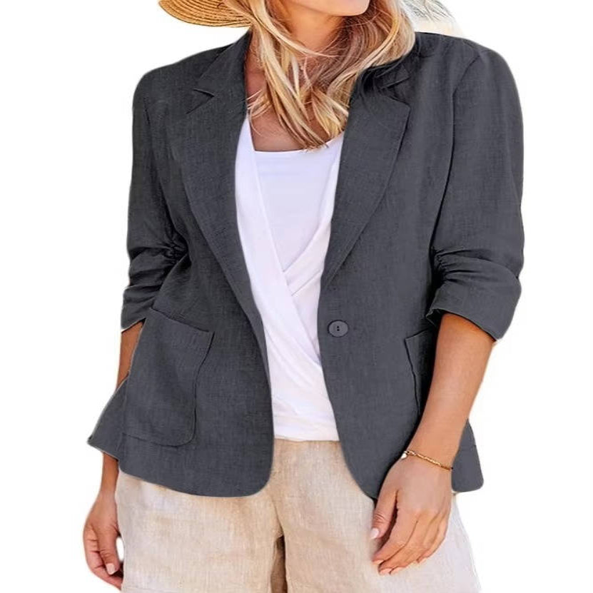 Women's Linen Blazer with Three Quarter Ruched Sleeves and Cinched Waist Fit