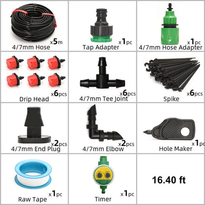 Drip Irrigation Timer System with Drip Heads and Adjustable Flow Levels