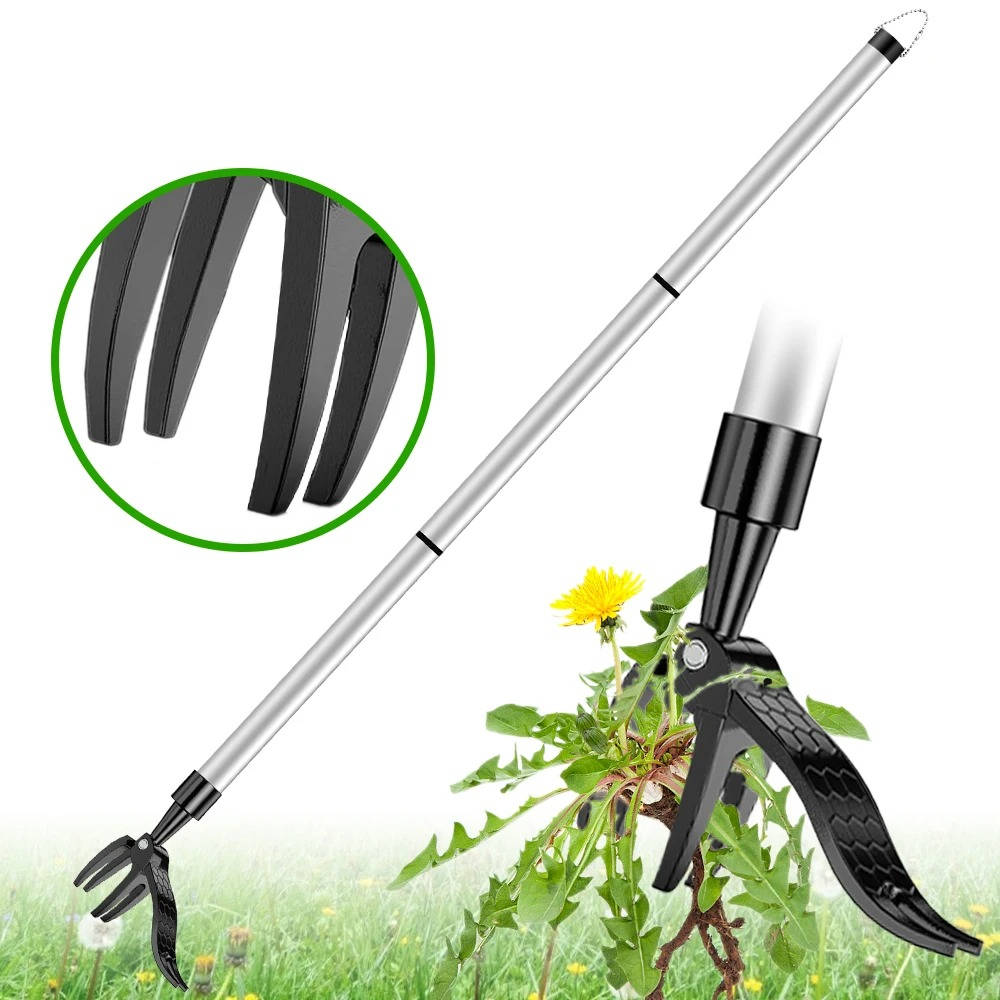Weed Puller with Four Steel Claws and Foot Pedal, Bamboo Handle