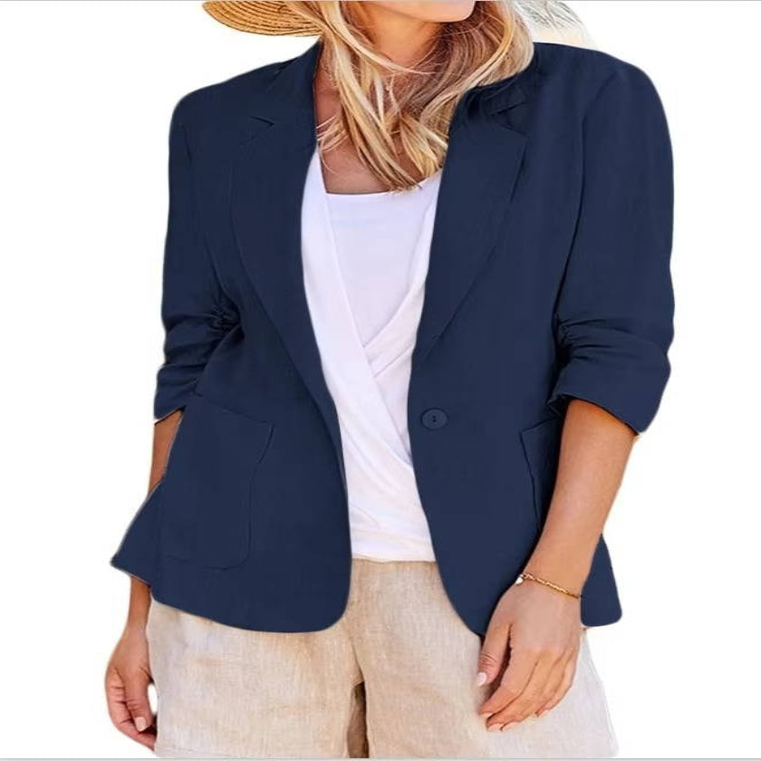 Women's Linen Blazer with Three Quarter Ruched Sleeves and Cinched Waist Fit