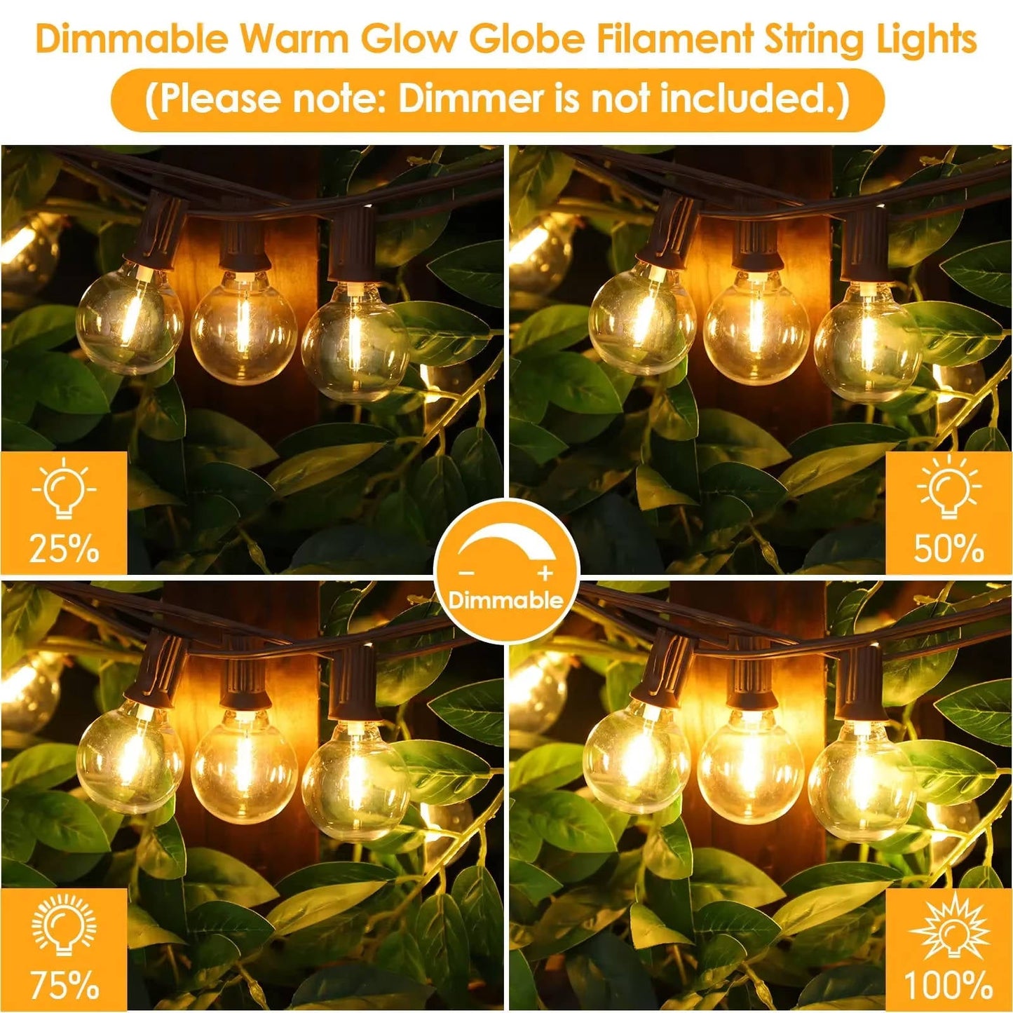 Outdoor String Lights with Shatterproof Plastic Bulbs and Dimmer Control