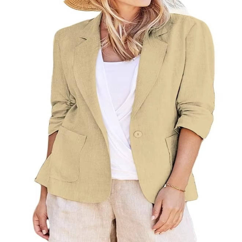 Women's Linen Blazer with Three Quarter Ruched Sleeves and Cinched Waist Fit