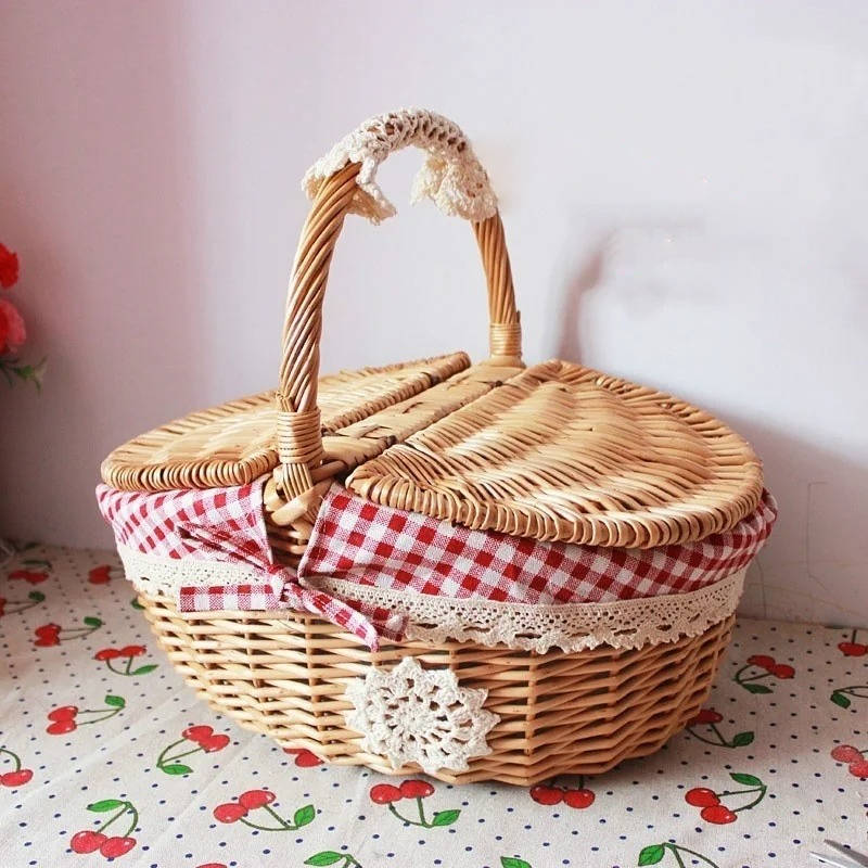 Oval Wicker Basket with Dual Lids and Removable Cotton Liner