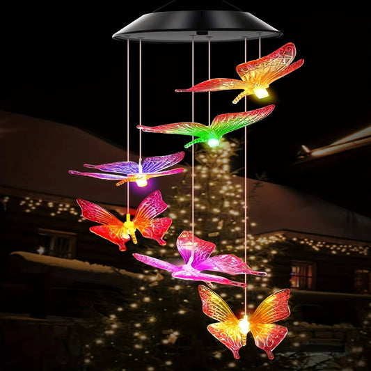 LED Solar Wind Chime with Six Color Cycle and Dusk Sensor, Butterfly Design