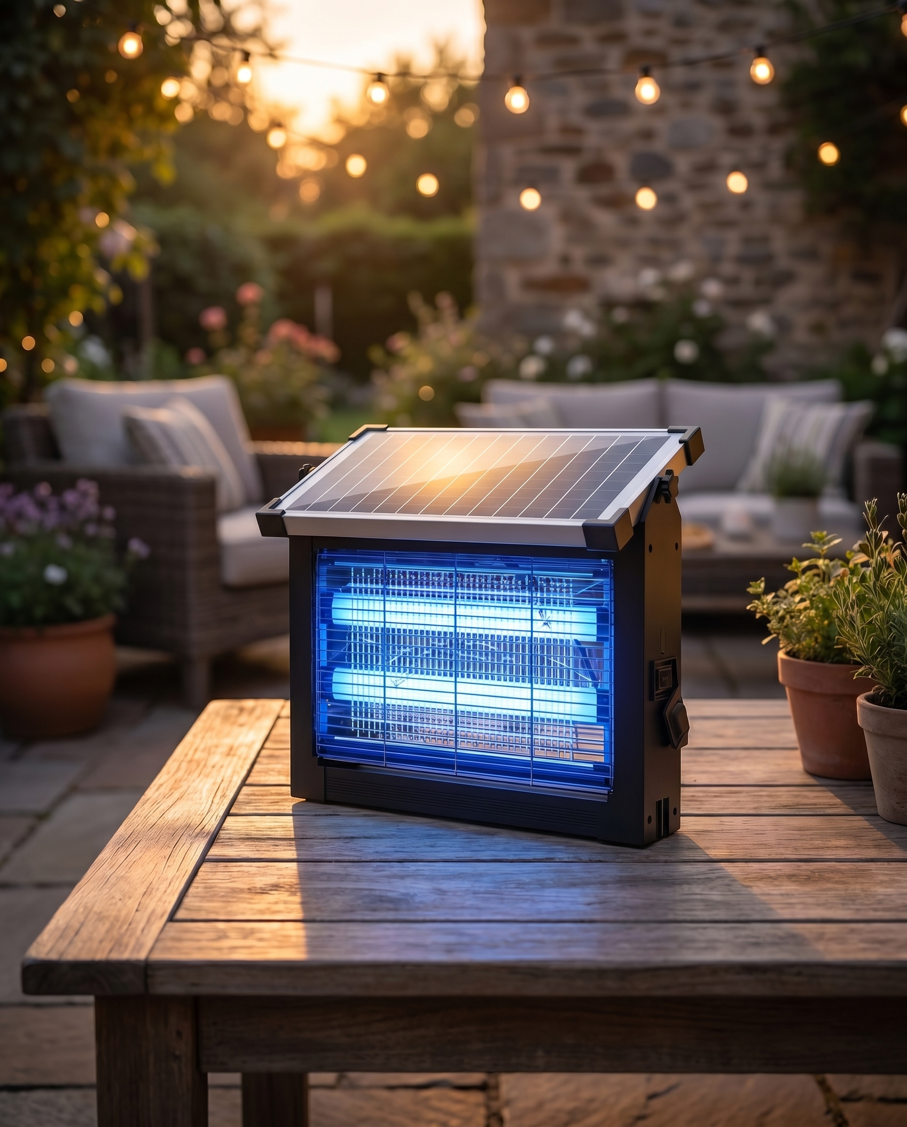 Solar bug zapper on a patio at dusk, lifestyle