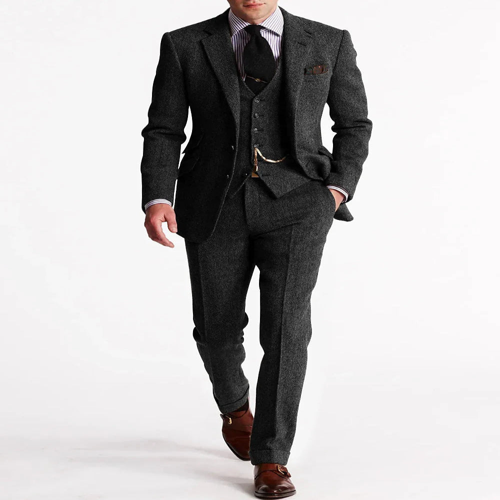 Men's Tweed Tuxedo Jacket with Flat Front Trousers for Formal Events