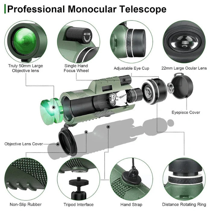 Monocular with 600X Magnification and Multi-Layer Lens System for Wildlife Observation