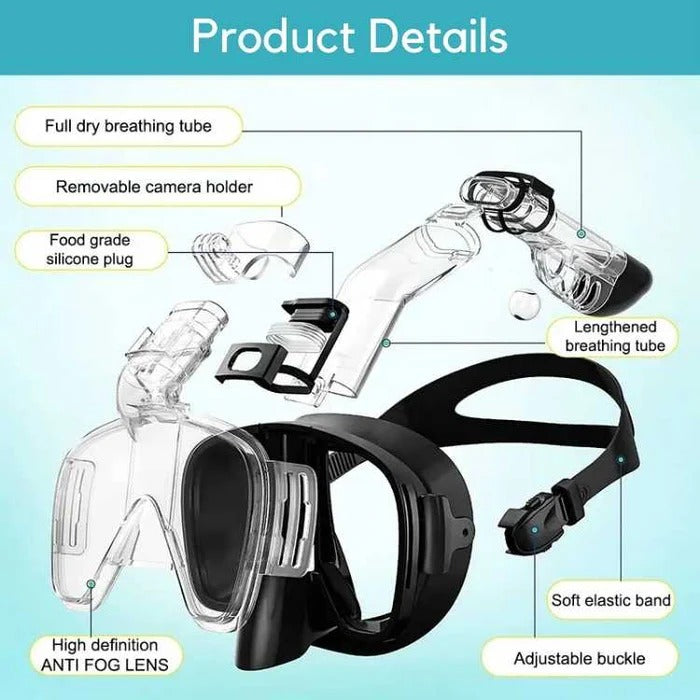 Full Face Snorkeling Mask with Dry Top Breathing Tube and 180 Degree Panoramic Lenses