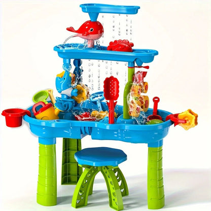 Outdoor Sand and Water Play Table with Three Separate Zones and Included Accessories