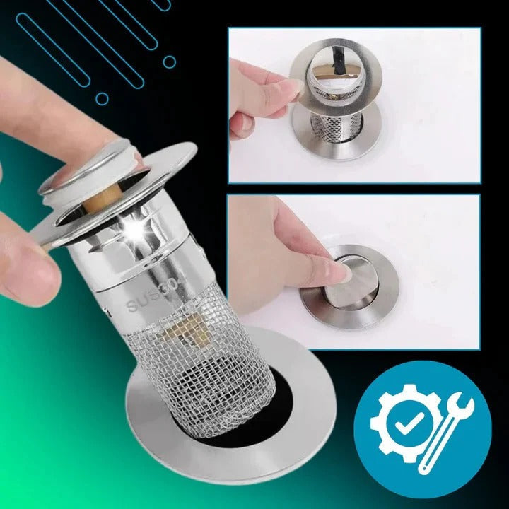 Pop Up Sink Stopper with Dual Silicone Seal and Integrated Filter Basket
