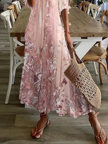 Women's Floral Maxi Dress with Lace Details and V-Neckline, Half Sleeves