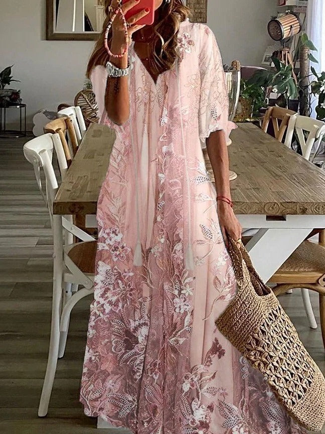 Women's Floral Maxi Dress with Lace Details and V-Neckline, Half Sleeves