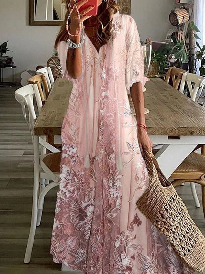Women's Floral Maxi Dress with Lace Details and V-Neckline, Half Sleeves