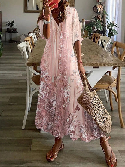 Women's Floral Maxi Dress with Lace Details and V-Neckline, Half Sleeves