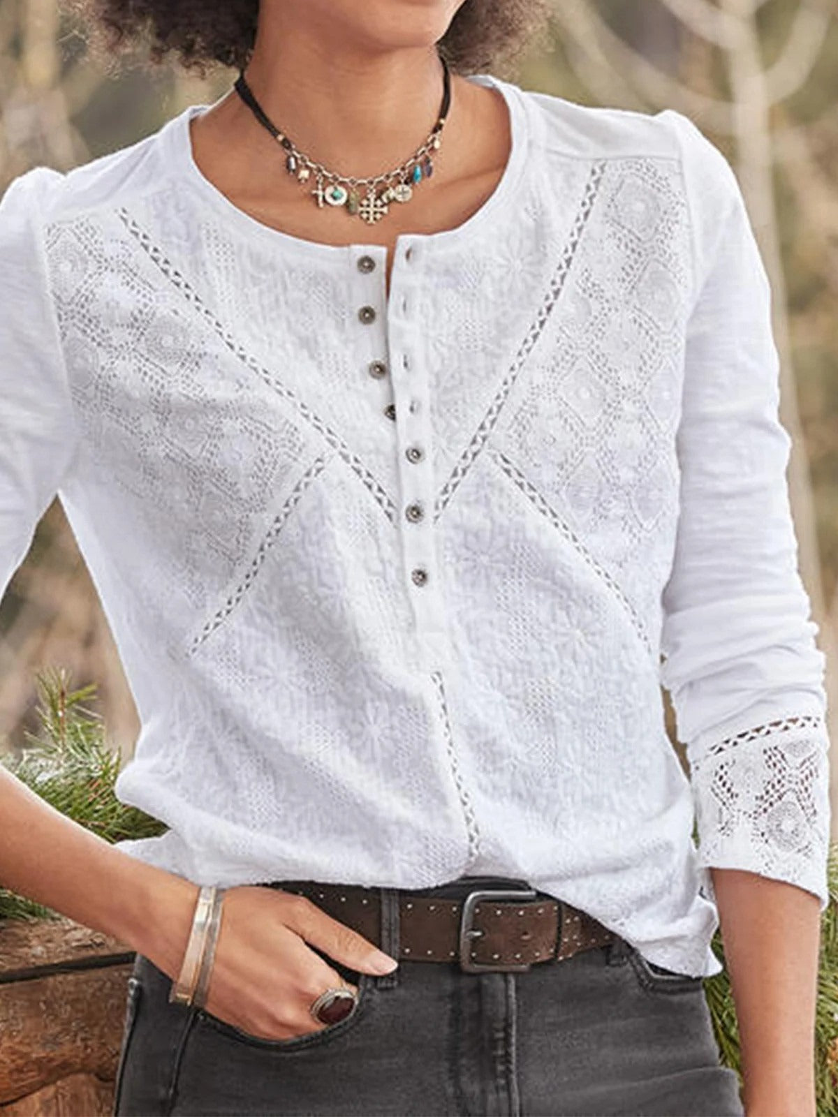 Women's Long Sleeve Top with Lace Detailing and Crew Neck