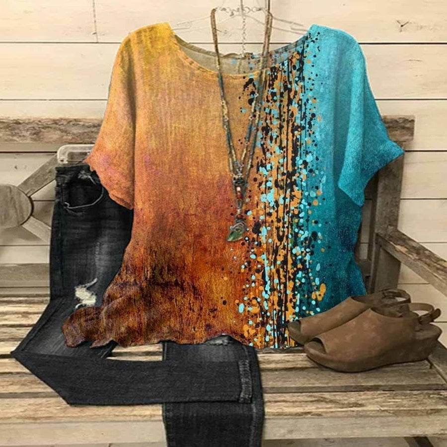 Graphic Print Blouse with Splicing Details and Half Sleeves