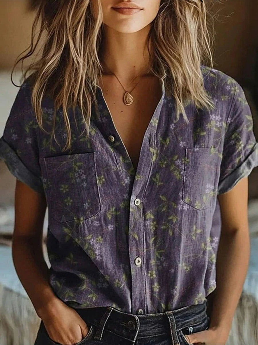 Women's Floral Blouse with Lapel Collar and Short Sleeves, Breathable Relaxed Fit