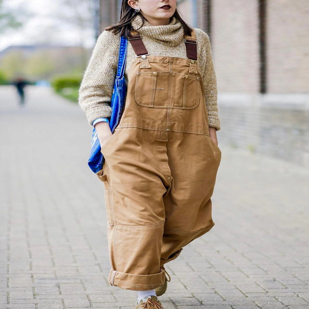 Women's Bib Overalls with Multiple Patch Pockets and Double Stitched Seams