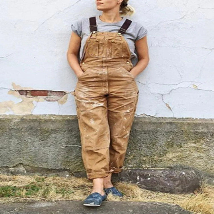 Women's Bib Overalls with Multiple Patch Pockets and Double Stitched Seams