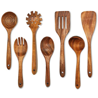 Teak Wood Kitchen Utensil Set with Smooth Edges for Nonstick Pans
