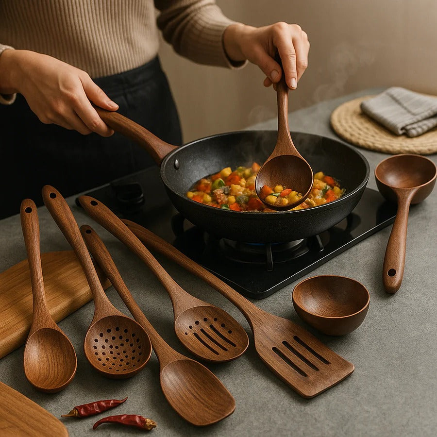Teak Wood Kitchen Utensil Set with Smooth Edges for Nonstick Pans