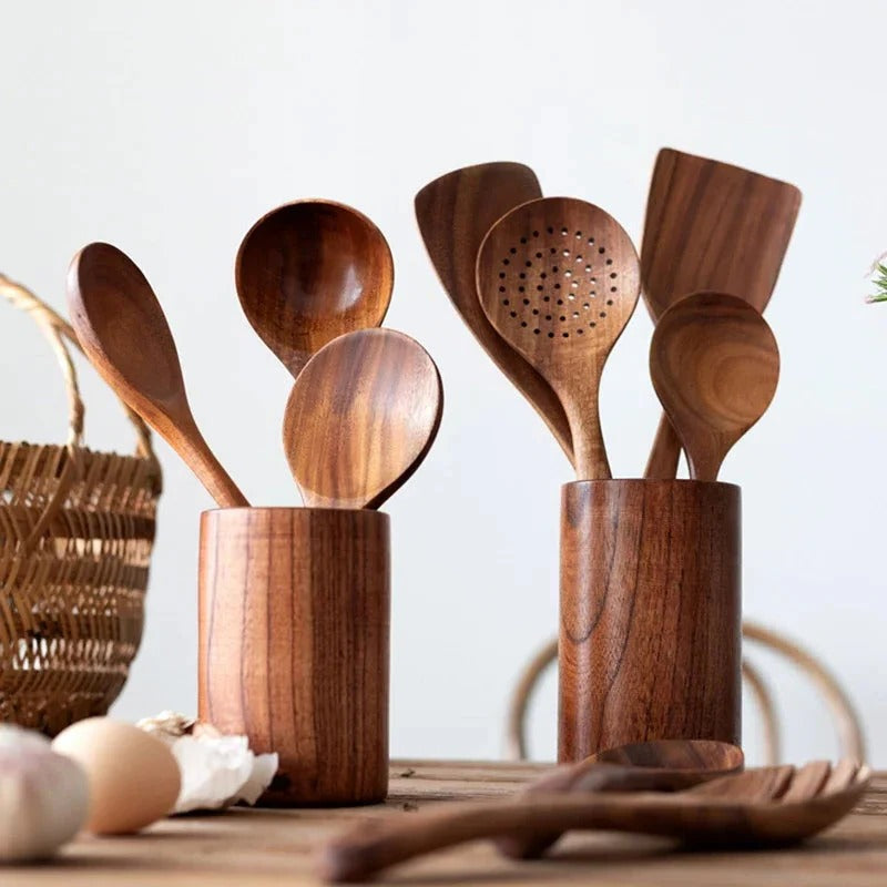 Teak Wood Kitchen Utensil Set with Smooth Edges for Nonstick Pans