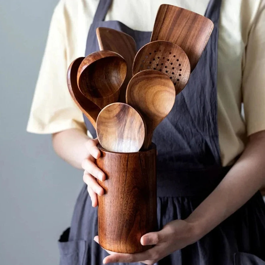 Teak Wood Kitchen Utensil Set with Smooth Edges for Nonstick Pans