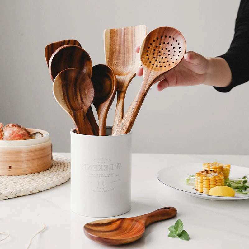 Teak Wood Kitchen Utensil Set with Smooth Edges for Nonstick Pans