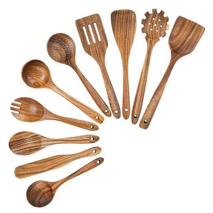 Teak Wood Kitchen Utensil Set with Smooth Edges for Nonstick Pans