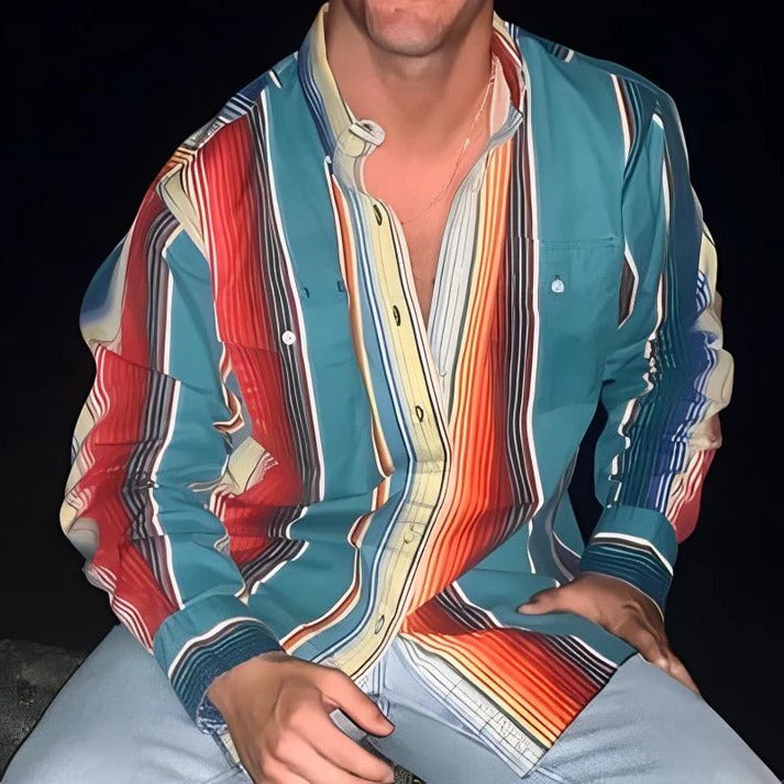 Long Sleeve Shirt with Retro Color Block Stripes and Button Down Front for Men