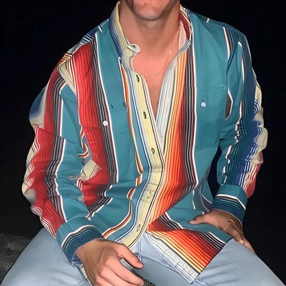 Long Sleeve Shirt with Retro Color Block Stripes and Button Down Front for Men