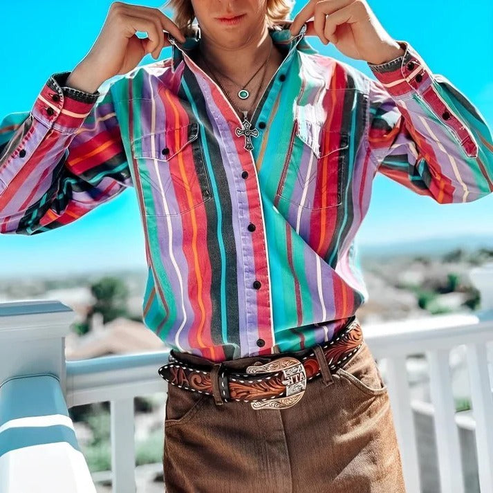 Long Sleeve Shirt with Retro Color Block Stripes and Button Down Front for Men