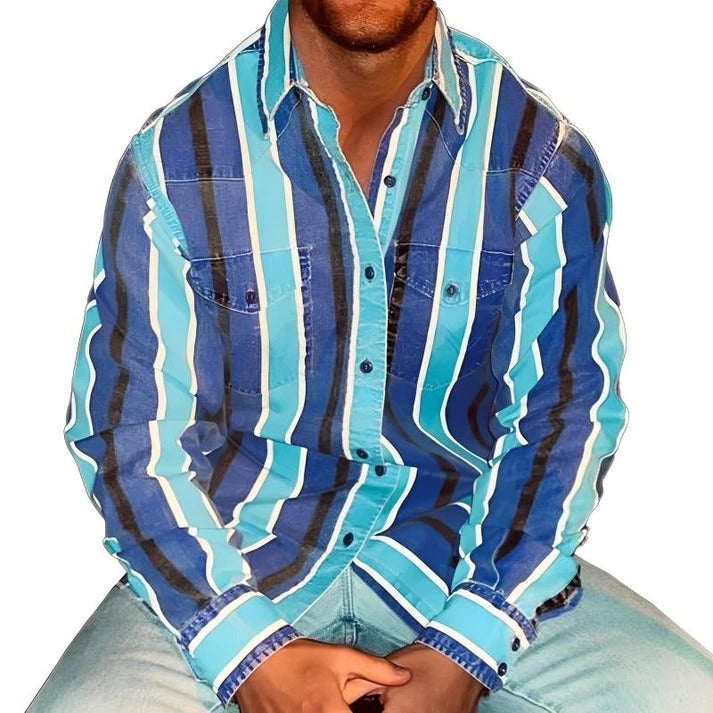 Long Sleeve Shirt with Retro Color Block Stripes and Button Down Front for Men