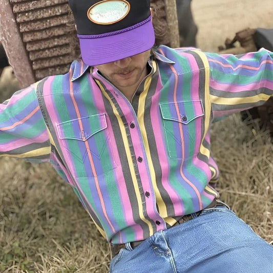 Long Sleeve Shirt with Retro Color Block Stripes and Button Down Front for Men