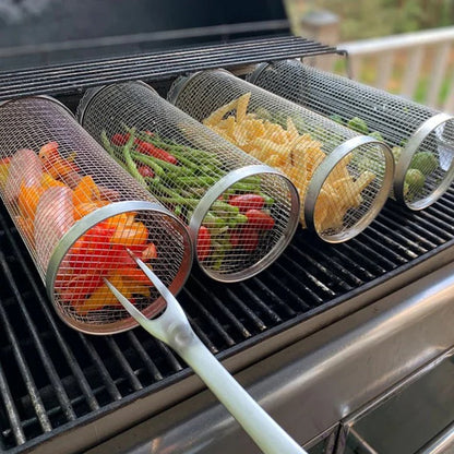 Rotating Grilling Basket with Hinged Door and Stainless Steel Mesh