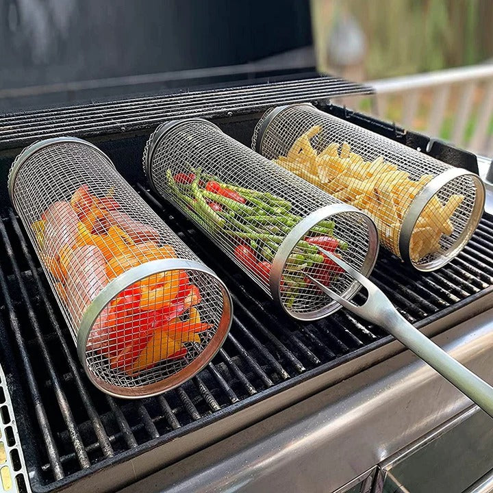 Rotating Grilling Basket with Hinged Door and Stainless Steel Mesh
