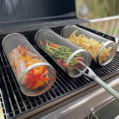 Rotating Grilling Basket with Hinged Door and Stainless Steel Mesh