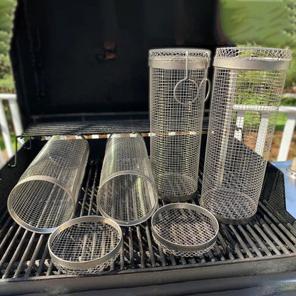 Rotating Grilling Basket with Hinged Door and Stainless Steel Mesh
