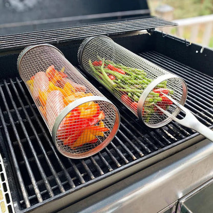 Rotating Grilling Basket with Hinged Door and Stainless Steel Mesh