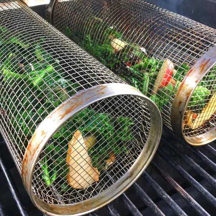 Rotating Grilling Basket with Hinged Door and Stainless Steel Mesh