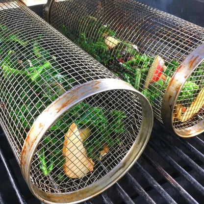 Rotating Grilling Basket with Hinged Door and Stainless Steel Mesh