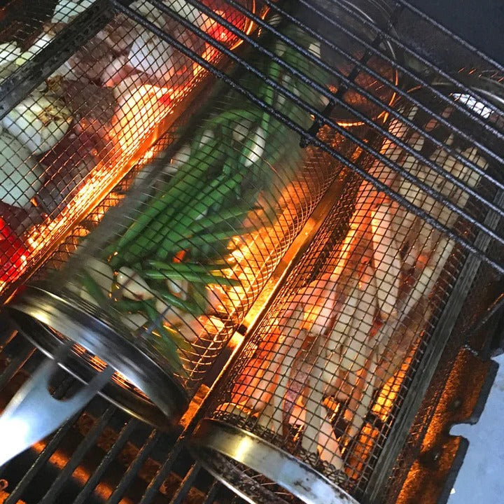 Rotating Grilling Basket with Hinged Door and Stainless Steel Mesh