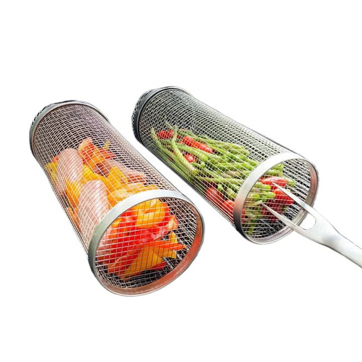 Rotating Grilling Basket with Hinged Door and Stainless Steel Mesh