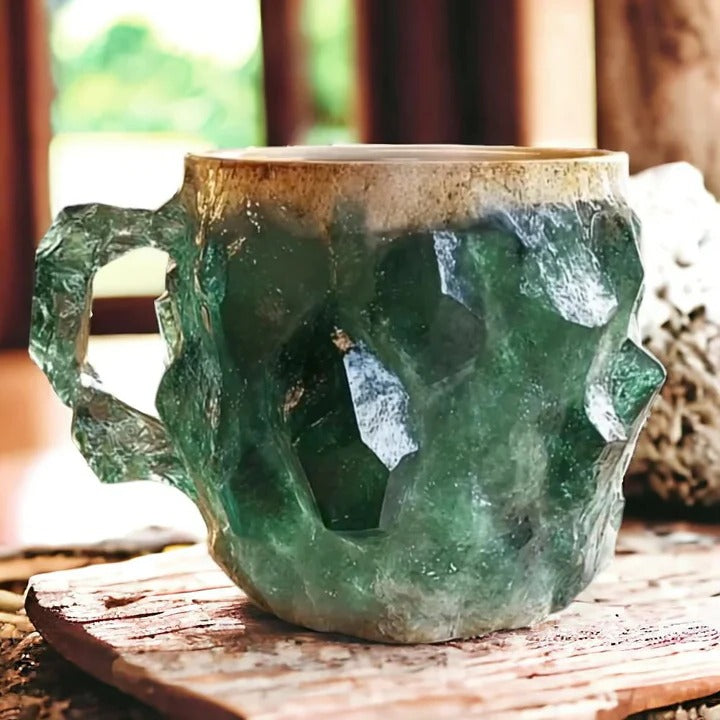 Crystal Coffee Mug with Textured Mineral Design and Cool Grip Handle