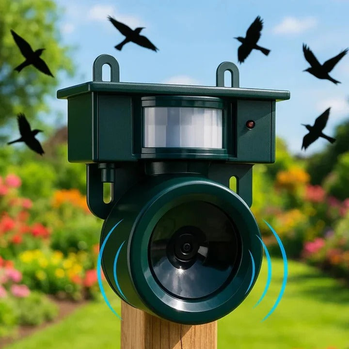Solar Powered Bird Repeller with Motion Sensor and Recorded Sound System