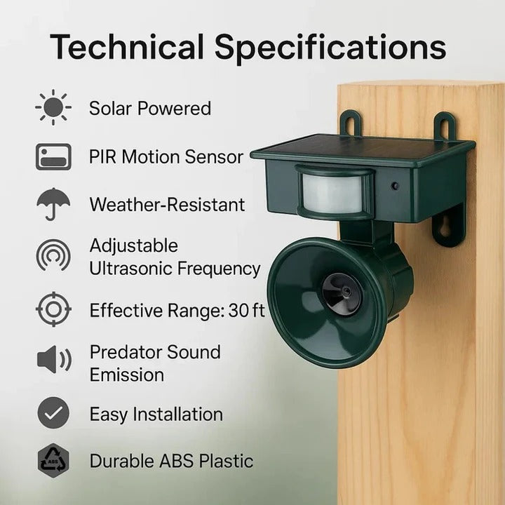 Solar Powered Bird Repeller with Motion Sensor and Recorded Sound System